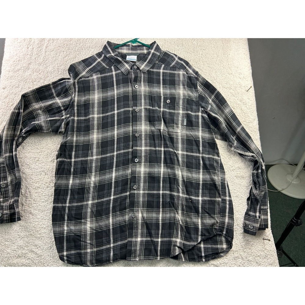Columbia Men's Casual Button-Down Shirt Black Gray XL Cotton Plaid